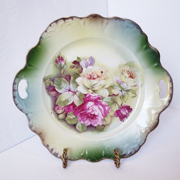 Vintage Hand Painted Handled Cake Dessert Plate Green w/ Pink Roses Germany - Picture 1 of 9